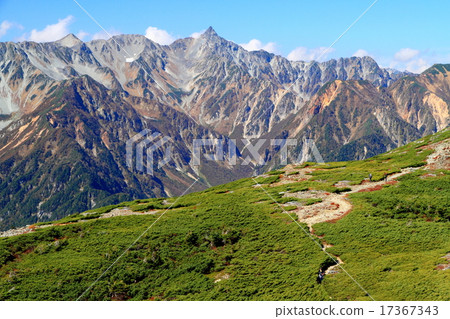 Mountaineer going along the butterfly mountain ridge and Yumigatake 17367343