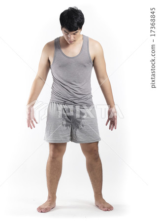 Asian man in grey pajamas with wet crotch 17368845