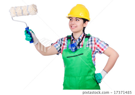 Woman painter with paintbrush on white Woman painter with paintbrush on white 17371485