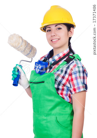 Woman painter with paintbrush on white Woman painter with paintbrush on white 17371486