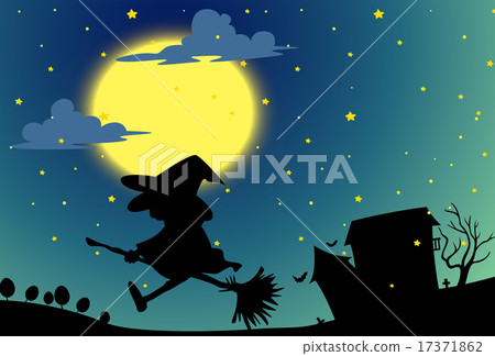 Silhouette witch flying on broom at night Silhouette witch flying on broom at night 17371862