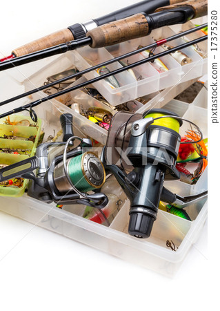 fishing tackles - rod, reel, line and lures in box fishing tackles - rod, reel, line and lures in box 17375280