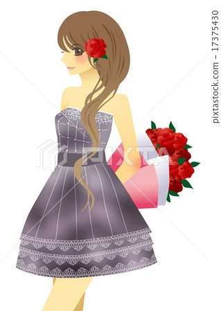Illustration of a woman in a dress with a red rose bouquet Illustration of a woman in a dress with a red rose bouquet 17375430