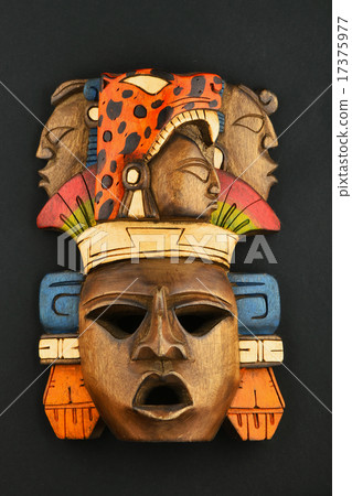 Indian Mayan Aztec wooden painted mask on black Indian Mayan Aztec wooden painted mask on black 17375977