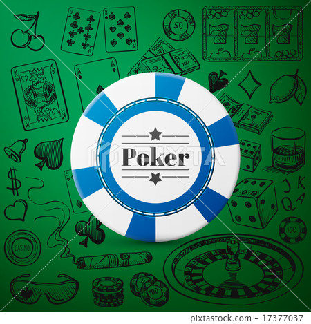 Hand drawn Casino Collection with single blue casino chip Hand drawn Casino Collection with single blue casino chip 17377037