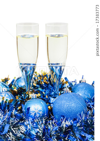 two glasses of wine at blue Christmas decorations 17383773