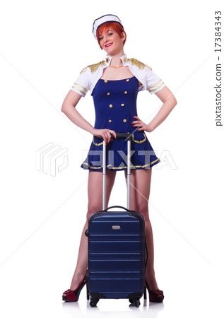 Woman travel attendant with suitcase on white 17384343