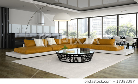 Interior modern design loft with orange sofa 17388397