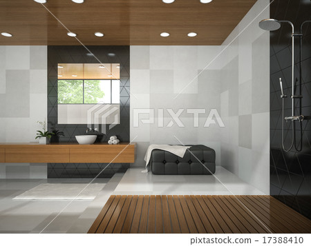 Interior of  stylish bathroom with wooden ceilibg  17388410
