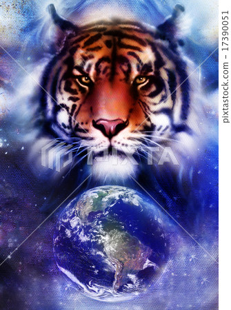 painting  tiger on color cosmic space background, wildlife animals. With Earth and stars. 17390051