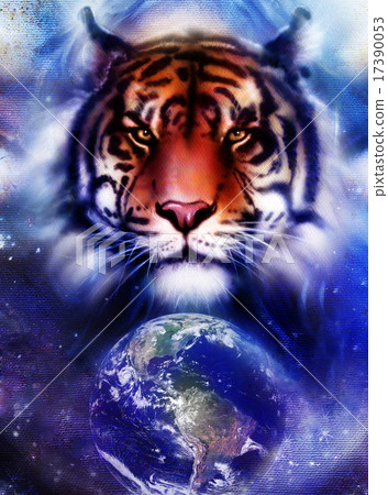 painting tiger on color cosmic space background, wildlife animals. With Earth and stars. painting tiger on color cosmic space background, wildlife animals. With Earth and stars. 17390053