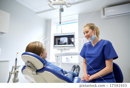 happy female dentist with patient girl at clinic 17391933