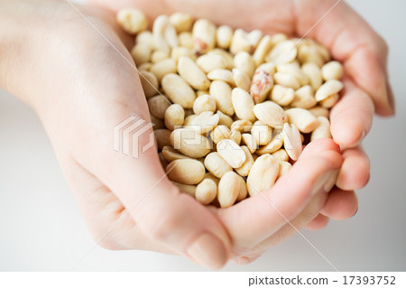 close up of woman hands holding peeled peanuts 17393752