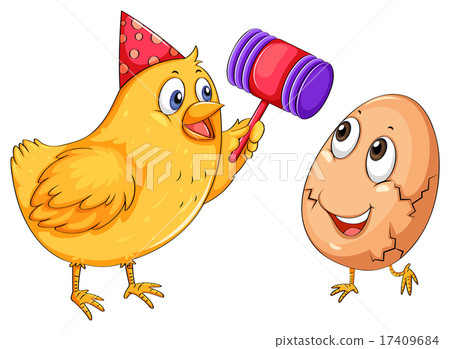 Chicken cracking egg with hammer 17409684