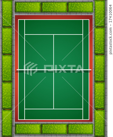 Tennis court with bushes around 17410064