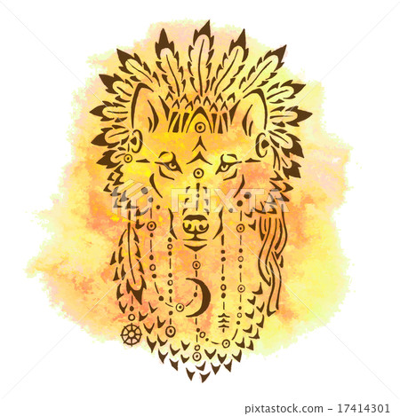 Wolf in war bonnet, hand drawn animal illustration Wolf in war bonnet, hand drawn animal illustration 17414301