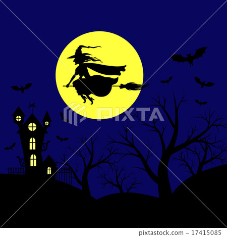 Halloween landscape with witch flying in sky Halloween landscape with witch flying in sky 17415085