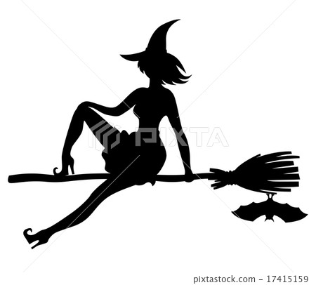 Silhouette witch flying on broom and bat Silhouette witch flying on broom and bat 17415159