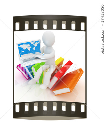 3d man, books and laptop. The film strip 3d man, books and laptop. The film strip 17418050