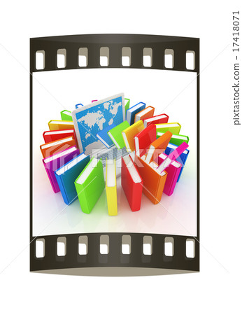 Colorful books flying and laptop. The film strip 17418071