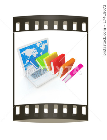 Colorful books flying and laptop. The film strip 17418072