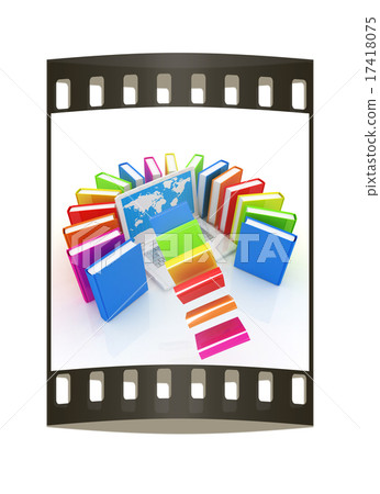 Colorful books flying and laptop. The film strip Colorful books flying and laptop. The film strip 17418075