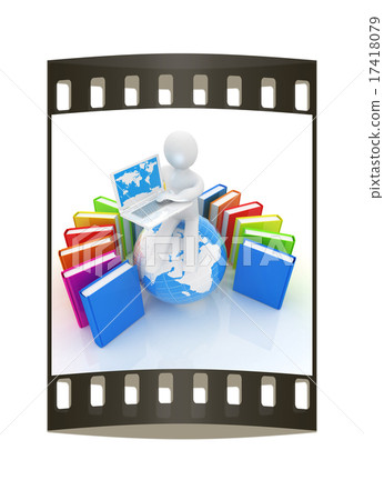 3d man, books, Earth and laptop. The film strip 3d man, books, Earth and laptop. The film strip 17418079