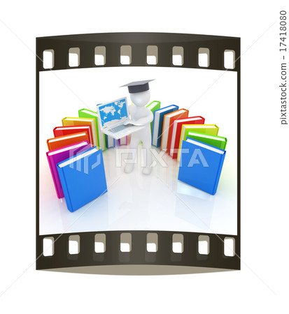 3d man, laptop and books. The film strip 3d man, laptop and books. The film strip 17418080