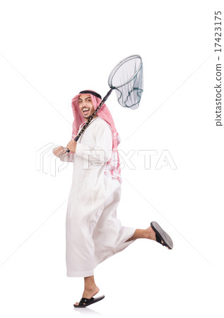 Arab businessman with catching net on white Arab businessman with catching net on white 17423175