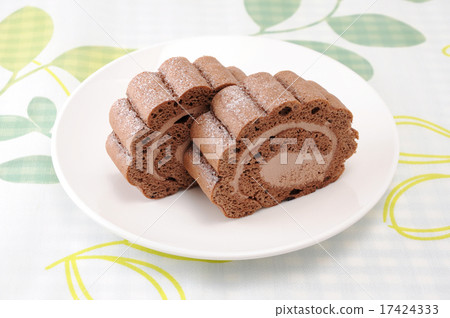 Chocolate roll cake table on a dish 17424333