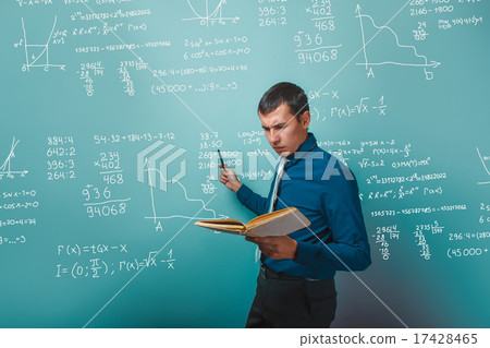 scientist professor teacher a man holding a book pointing to whi 17428465