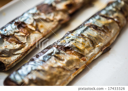 Two grilled saury served on a plate Two grilled saury served on a plate 17433326