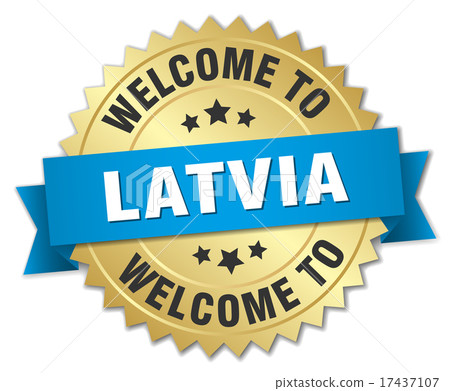 Latvia 3d gold badge with blue ribbon 17437107