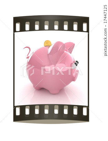 Piggy bank with gold coin on white. The film strip 17447125