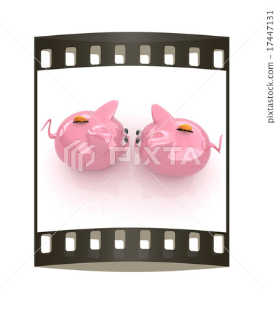 Piggy bank with gold coin on white. The film strip 17447131