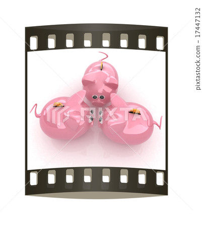 Piggy bank with gold coin on white. The film strip Piggy bank with gold coin on white. The film strip 17447132