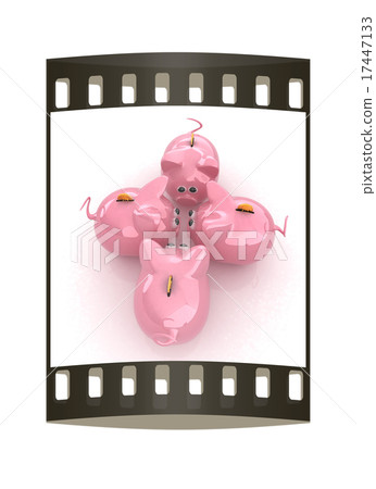 Piggy bank with gold coin on white. The film strip Piggy bank with gold coin on white. The film strip 17447133