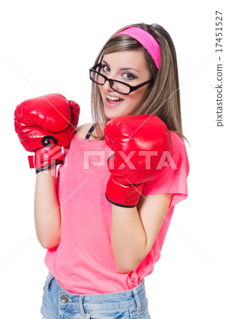 Young lady with boxing gloves on white 17451527