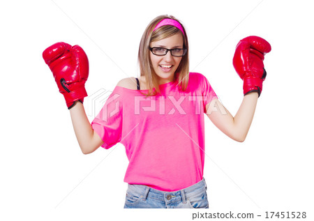 Young lady with boxing gloves on white 17451528
