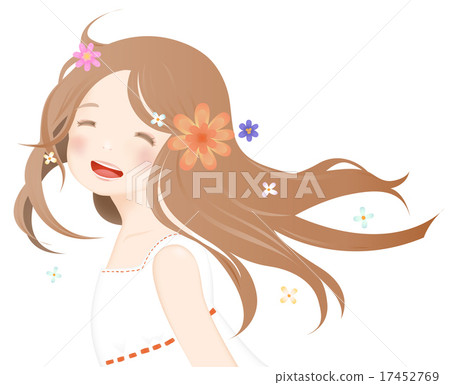 一個帶著可愛微笑和一朵花的女孩的插圖 一個帶著可愛微笑和一朵花的女孩的插圖 17452769