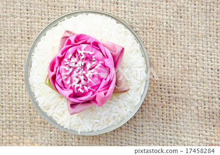 Bowl of raw Thai jasmine rice on sack background Bowl of raw Thai jasmine rice on sack background 17458284