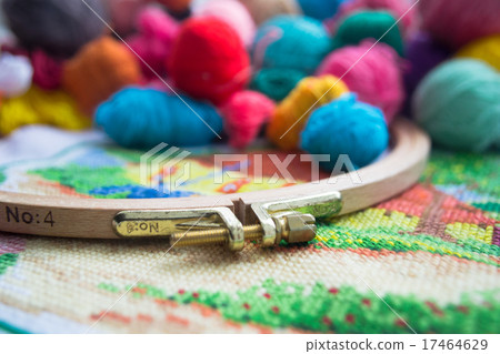 Woolen balls of yarn, tambour and embroidery. 17464629