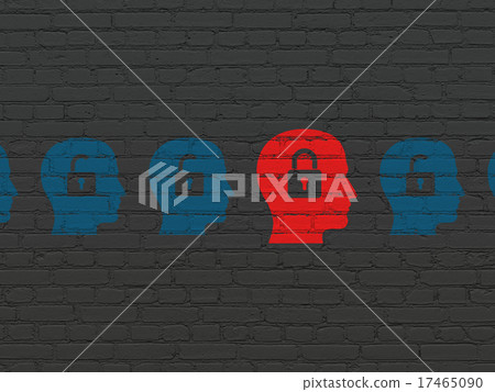 Finance concept: head with padlock icon on wall  17465090