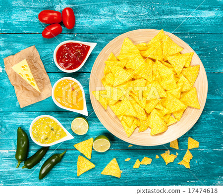 Plate of nachos with different dips Plate of nachos with different dips 17474618