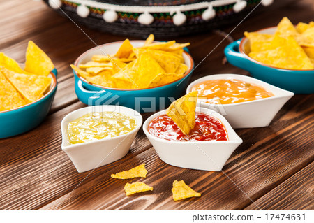 Plate of nachos with different dips Plate of nachos with different dips 17474631