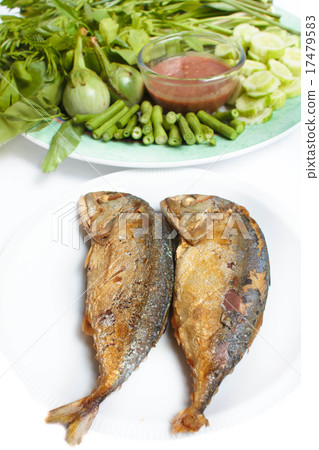 Shrimp paste with fried mackerel and vegetable. Shrimp paste with fried mackerel and vegetable. 17479583