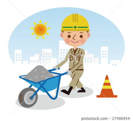 土木工人攜帶礫石與獨輪車（白天背景） 17480954