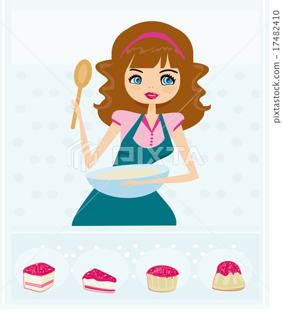 Stock Illustration: Beautiful young lady cooking cakes