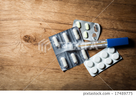 Medical. Pills tablets and mercury thermometer. Medical. Pills tablets and mercury thermometer. 17489775