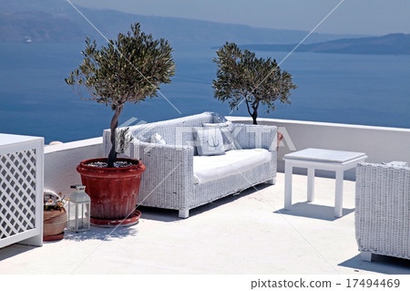 sea view terrace with white sofa,Santorini,Greece sea view terrace with white sofa,Santorini,Greece 17494469